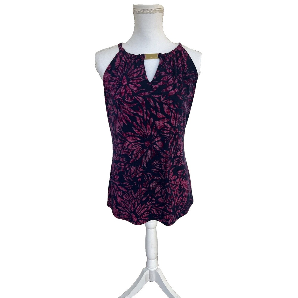 Michael Kors Tank Top Size Small Gold Logo Floral Print Pink Navy Blue Stretch
